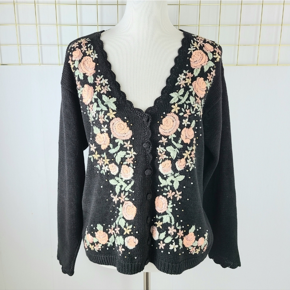 Work In Progress Embroidered Pearl Beaded Vintage Grandma Cardigan Sweater - Picture 11 of 12